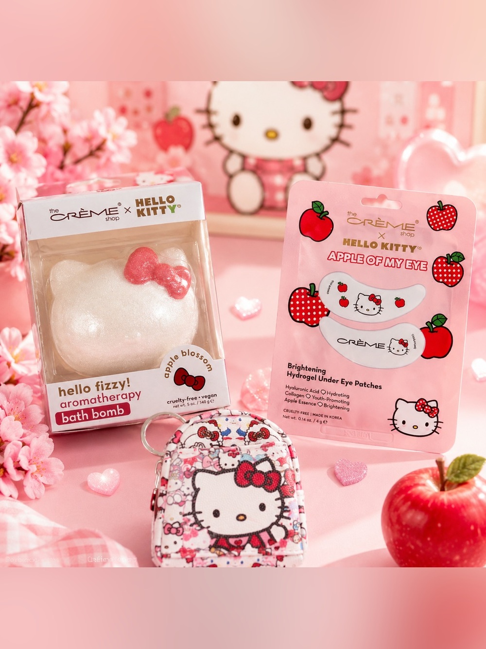 Hello Kitty The Crème Shop Kawaii Beauty Bundle Bath Bomb Eye Patches Keychain